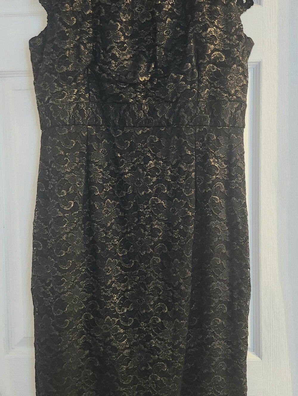 Black And Gold Lace Mid-Calf Dress With Cap Sleeves And Zip Back